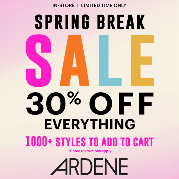 Spring Break Sale. 30% off everything. Some restrictions apply. Limited time only. #ardenelove icon
