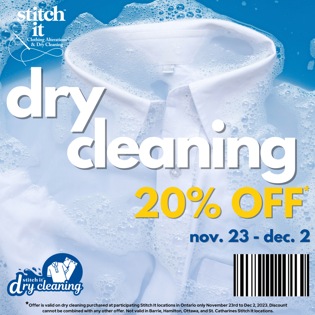 Stitch It – Treat your clothing to a spa day! Get 20% off dry cleaning until December 2! icon