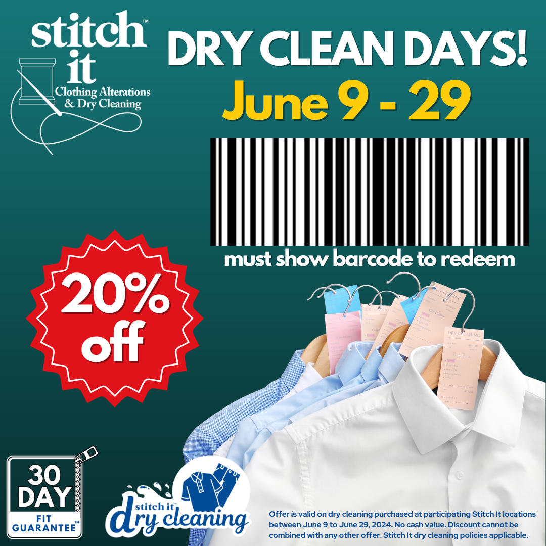 Stitch It Dry Clean Days! Save 20% off dry cleaning until June 29, 2024! icon