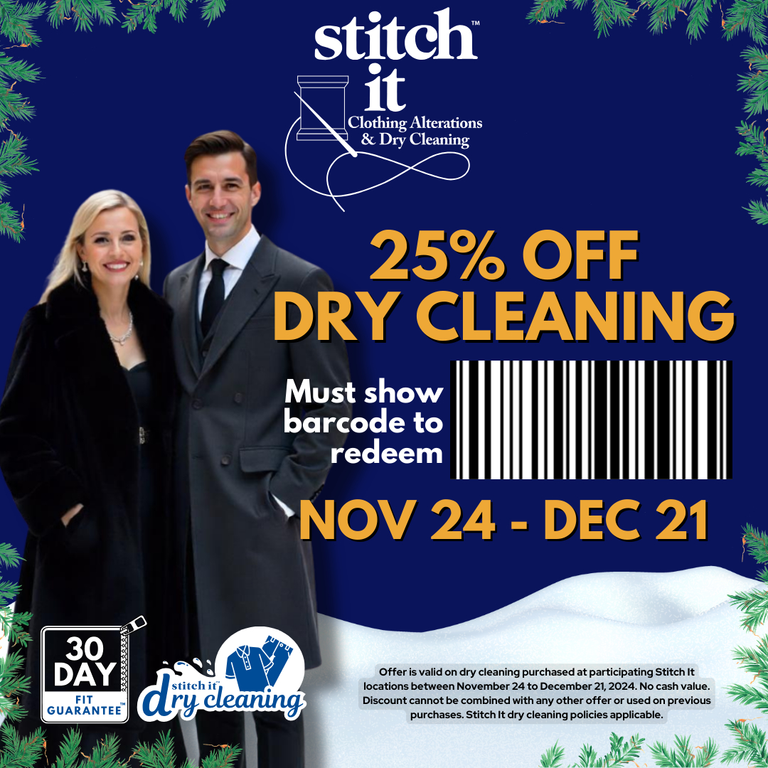 Save 25% off Dry Cleaning at Stitch It until December 21, 2024! icon