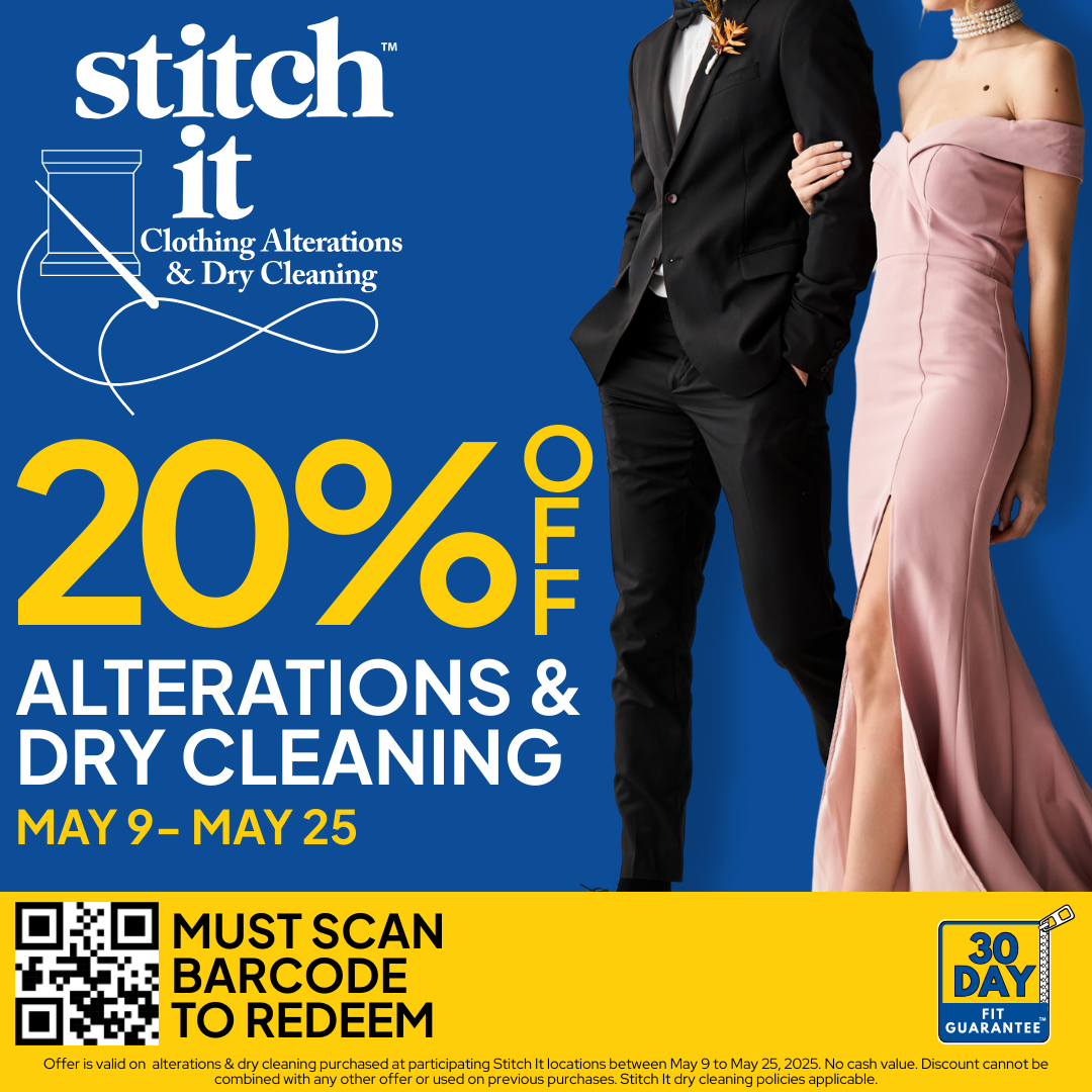 Save 20% Off Alterations & Dry Cleaning at Stitch It until May 25. icon
